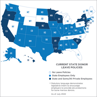 Map showing which US states have donor leave policies