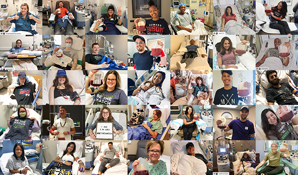 A collage of various people donating blood stem cells